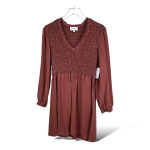 BELLA‎ DAHL Rose Pink Smocked Long Sleeve Mini-Length Dress Small